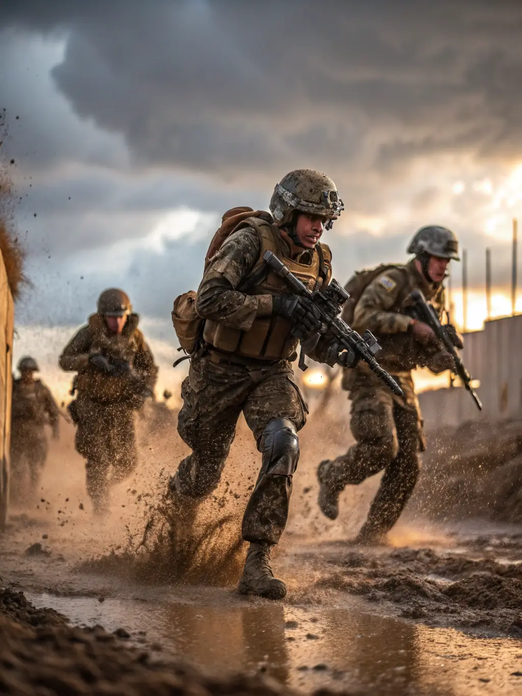 A U.S. Marine Corps infantry unit participating in a training exercise, demonstrating the physical demands and teamwork involved in combat arms.