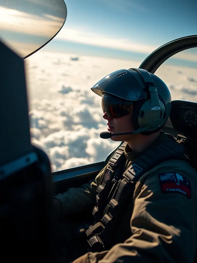 A dynamic image of a military pilot communicating with air traffic control during a high-stakes aerial operation, ensuring seamless coordination and safety.