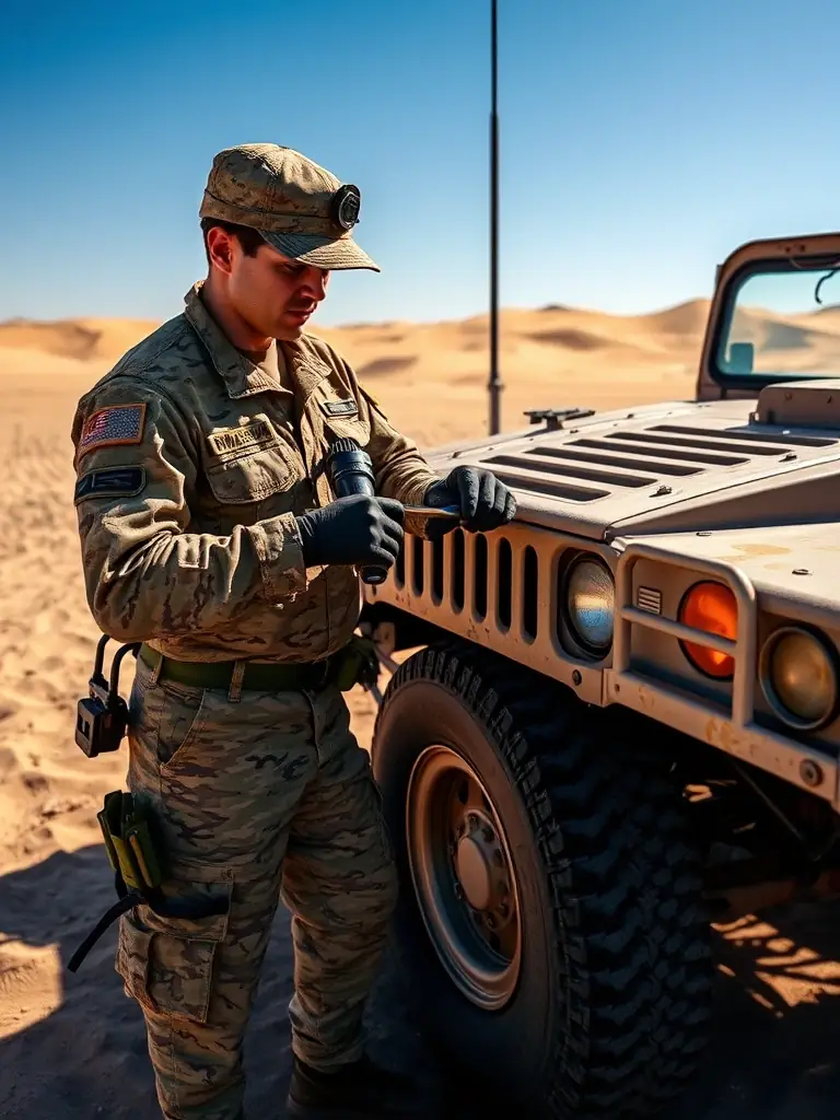 A U.S. Marine Corps mechanic repairing a Humvee in a desert environment, showcasing the importance of logistical support.