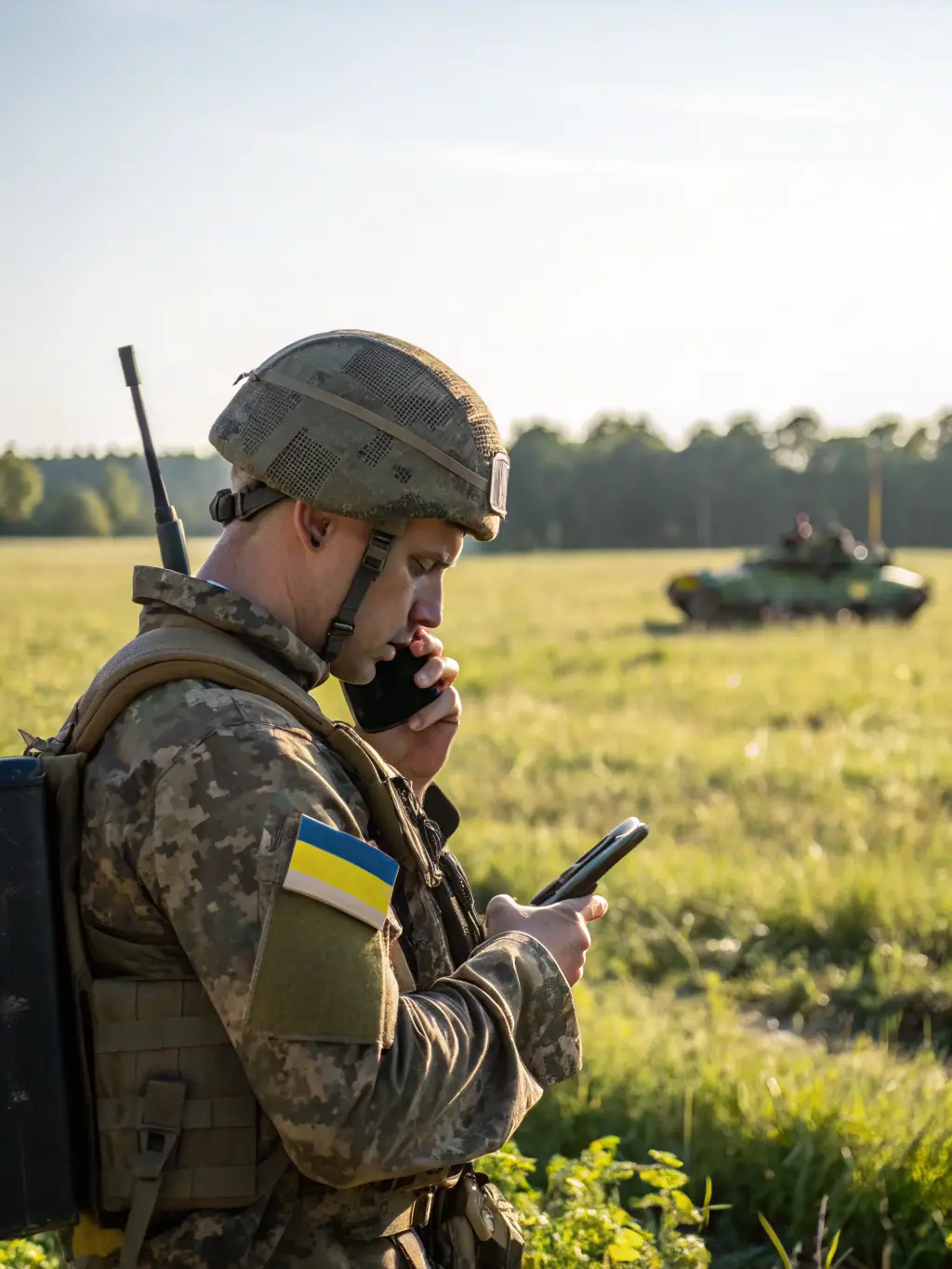 A U.S. Army soldier working on communication equipment in a field environment, showcasing the technical aspects of a Signal Corps MOS.