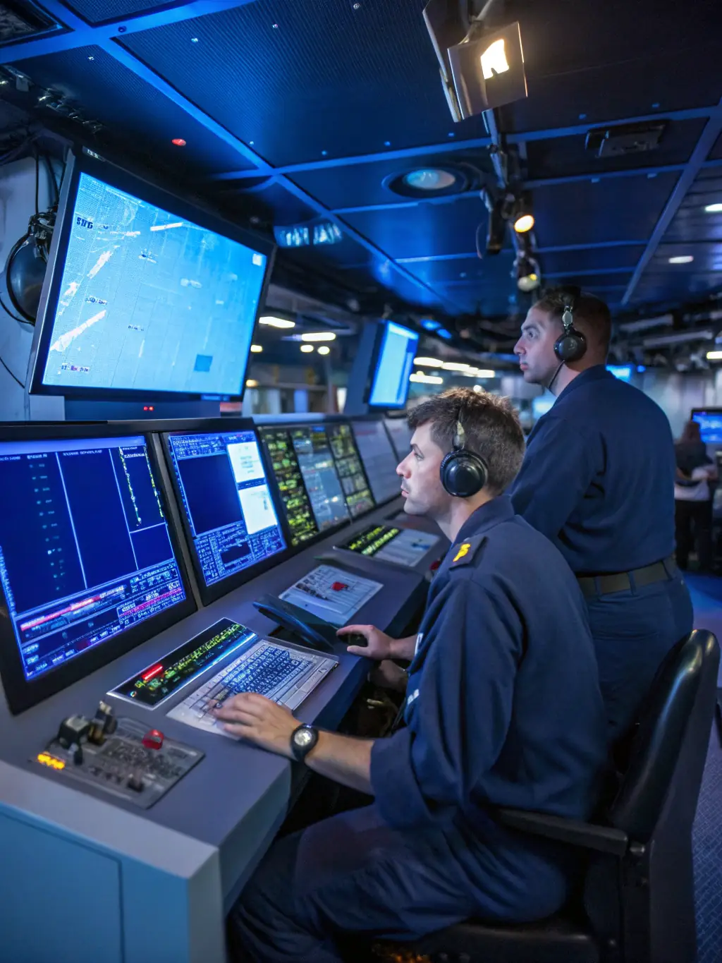 A U.S. Navy sailor operating sonar equipment on a submarine, highlighting the advanced technology used in naval operations.