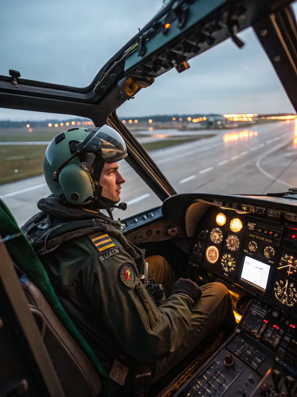 A U.S. Air Force pilot in the cockpit of an F-35 fighter jet, preparing for takeoff, representing high-tech aviation careers.
