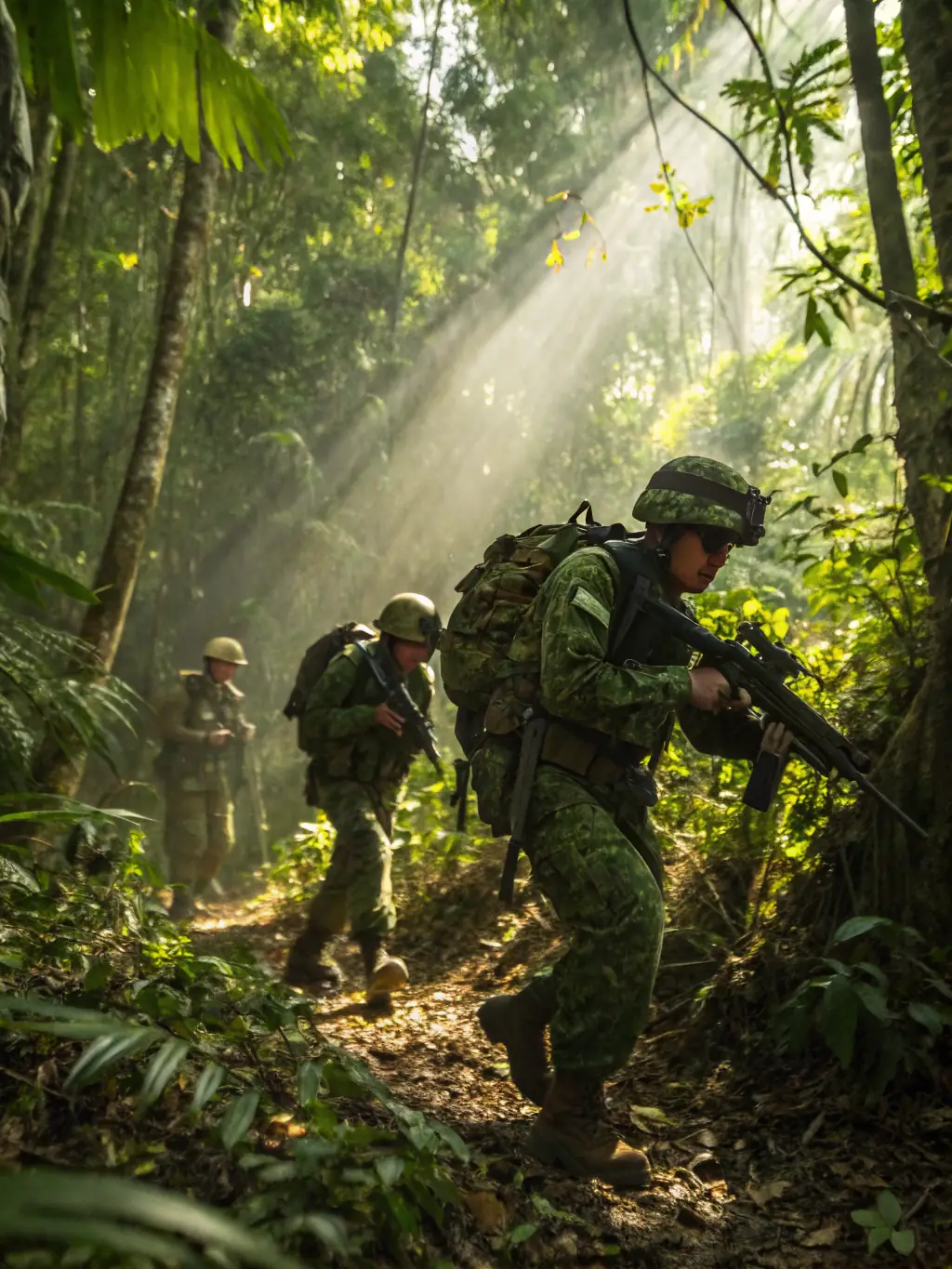 A U.S. Army infantry soldier in camouflage uniform carrying an M4 rifle during a training exercise in a forest environment, symbolizing combat arms roles.