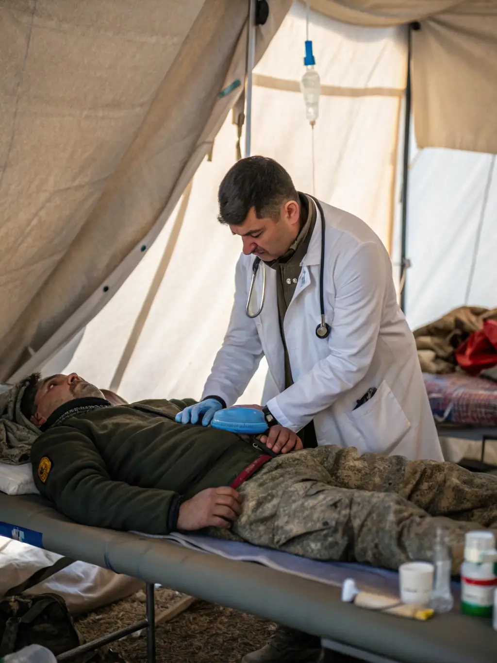 A compassionate military medic providing immediate medical assistance to a wounded soldier on the battlefield, demonstrating unwavering dedication and care.