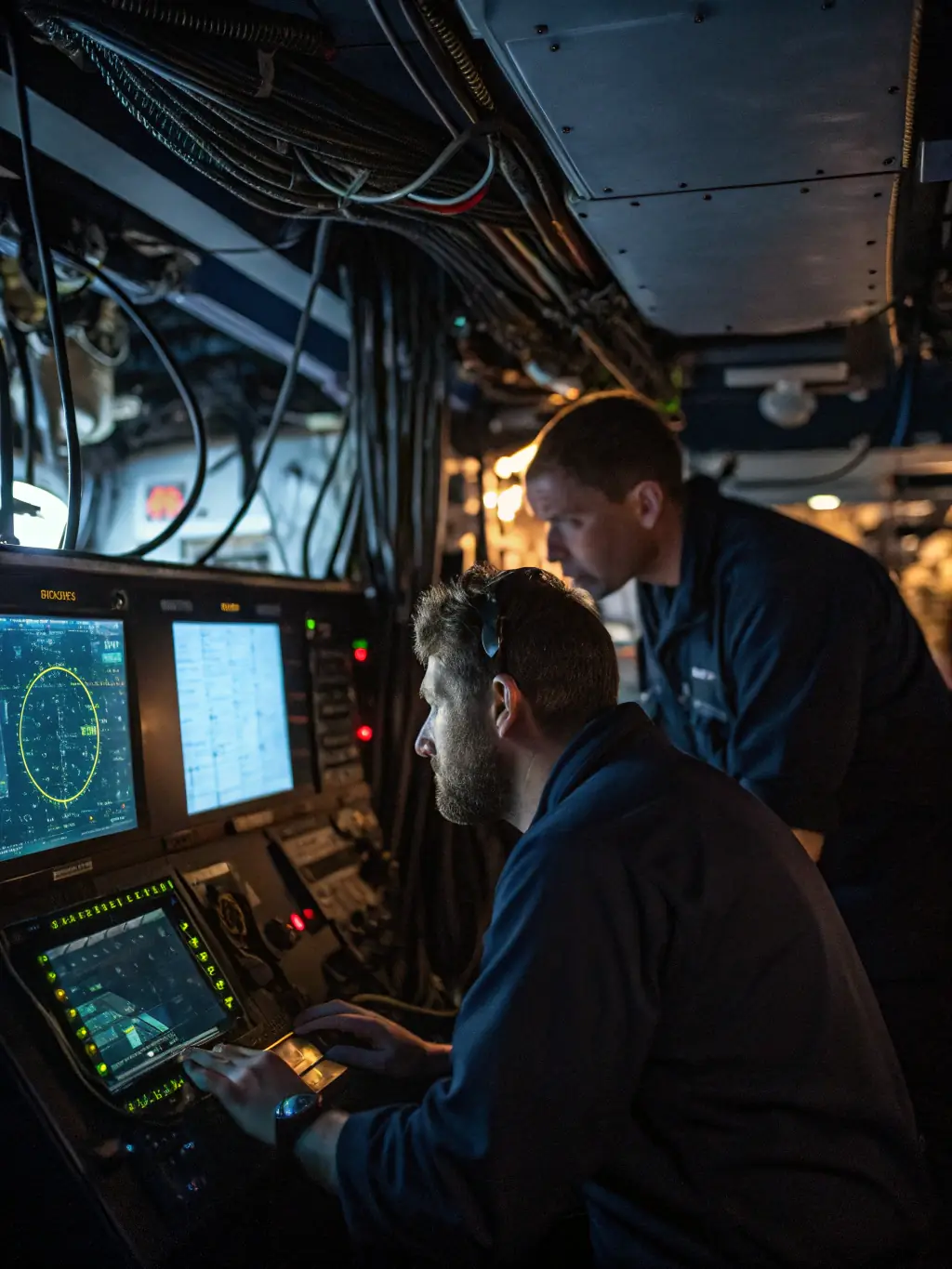 A U.S. Navy sailor working on the navigation systems aboard a destroyer at sea, highlighting technical and operational expertise.