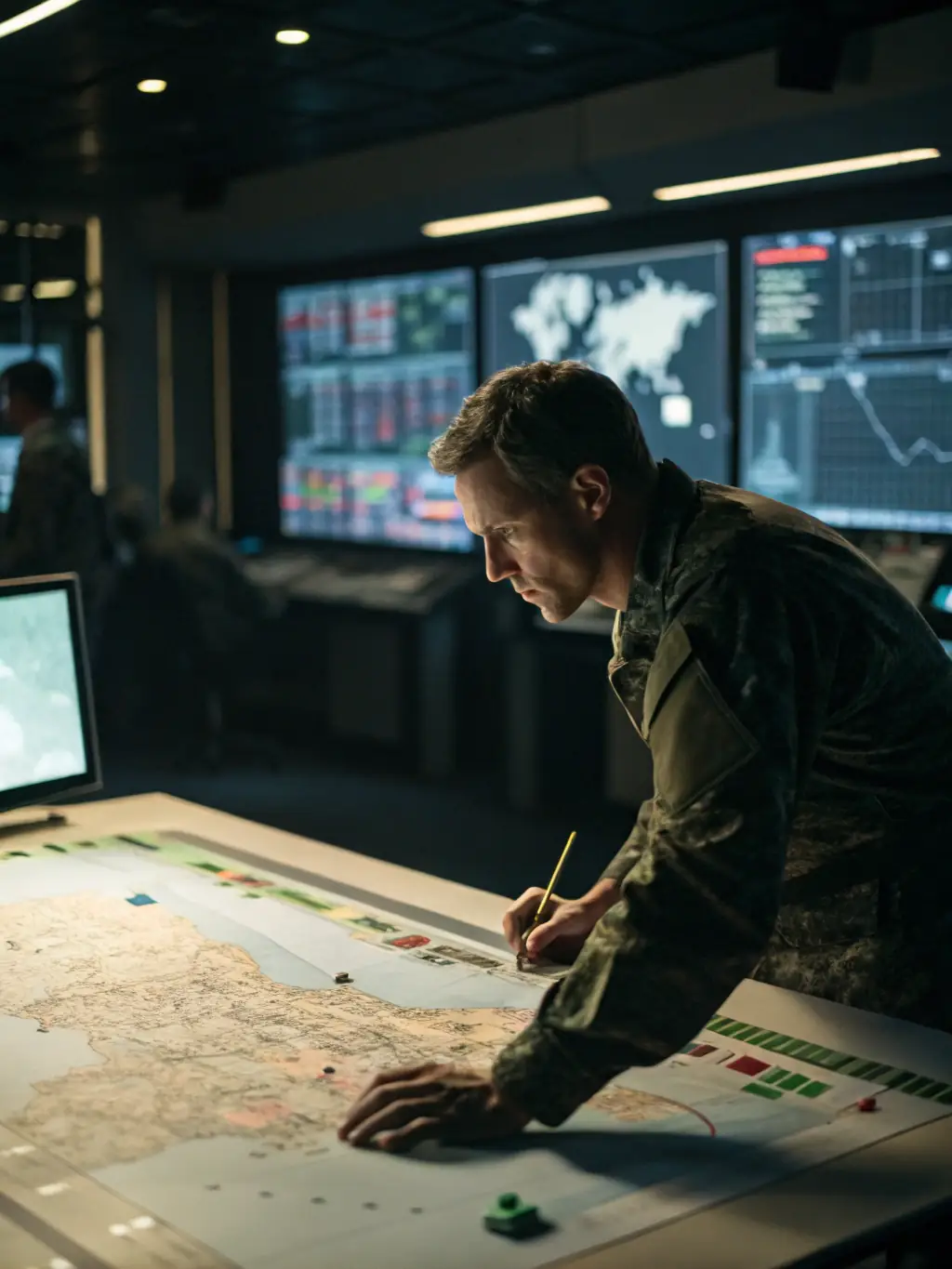 A determined military intelligence officer analyzing data in a secure operations center, uncovering critical insights for strategic decision-making.