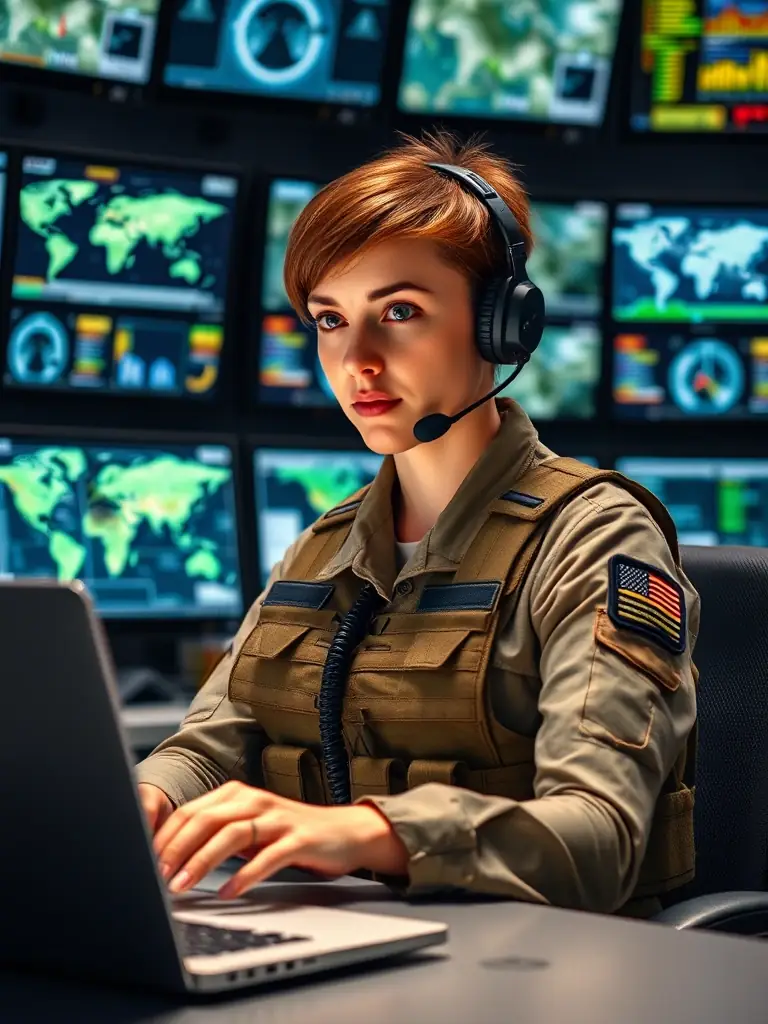 A medium shot of a female Army officer working on a laptop in a high-tech command center, surrounded by screens displaying real-time data and maps. She is communicating with other officers via headset, showcasing her expertise in communications and technology.