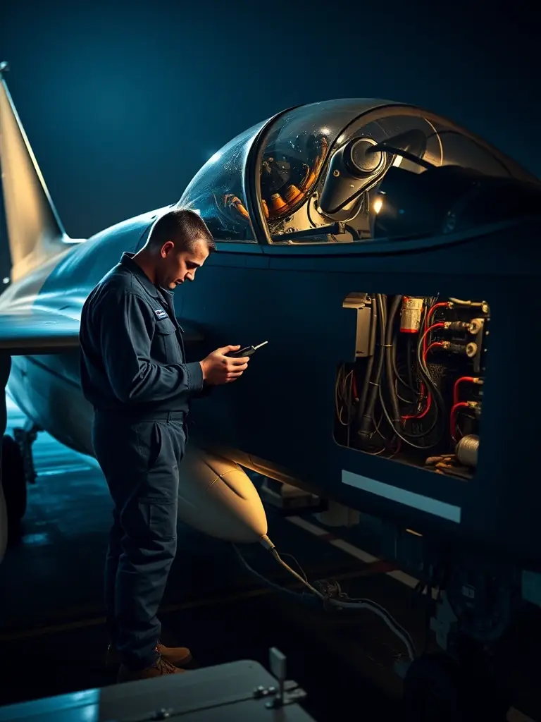 A photograph of a Navy Aviation Electrician working on the electrical systems of a fighter jet on an aircraft carrier, emphasizing the importance of technical skills in maintaining naval aviation capabilities.