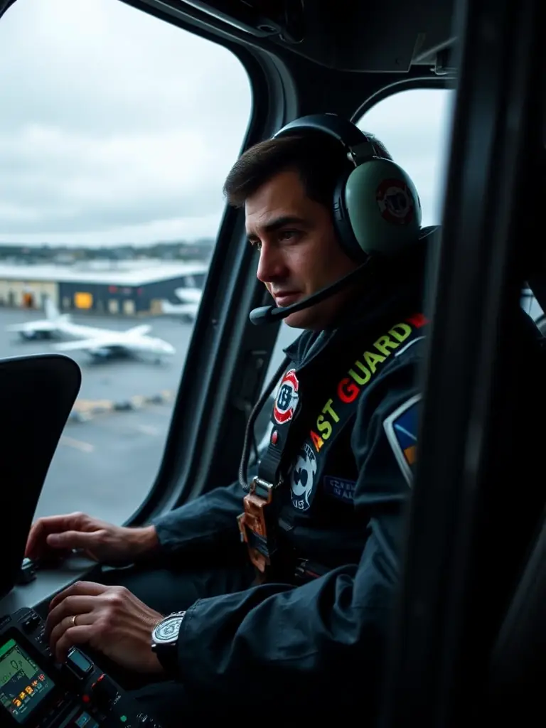 A Coast Guard pilot in the cockpit of a helicopter, preparing for takeoff. The background shows a Coast Guard air station with other aircraft.