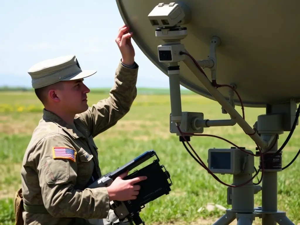 A Marine Corps communication specialist setting up a satellite communication system in a field environment, highlighting the importance of secure communication.