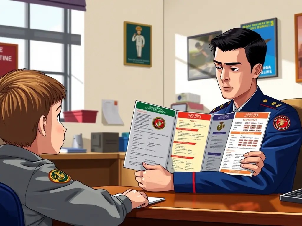 A Marine Corps recruiter sitting at a desk, explaining career options to a young recruit in a brightly lit office. The recruiter is pointing to a brochure showcasing different MOS options.