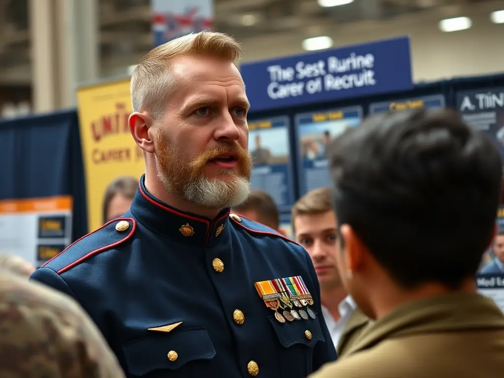 A Marine Corps veteran sharing his experiences and insights with a group of potential recruits at a career fair. The veteran is wearing his uniform and medals.