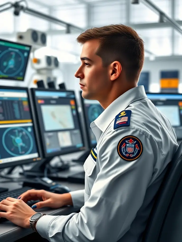A Coast Guard Information Systems Technician (IT) working at a computer station, managing network infrastructure and cybersecurity protocols.