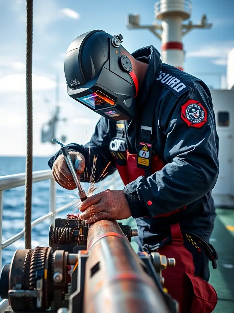 A Coast Guard Damage Controlman (DC) welding a pipe on a Coast Guard vessel, wearing protective gear and demonstrating expertise.
