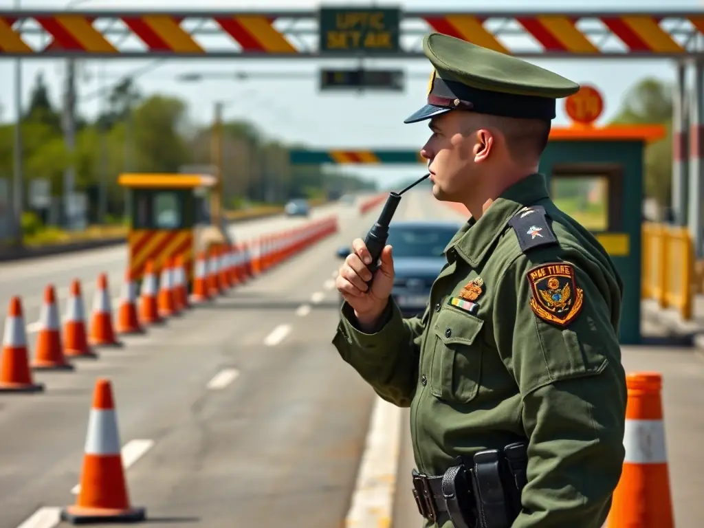 A military police officer directing traffic and maintaining order at a checkpoint, symbolizing their role in security and law enforcement.