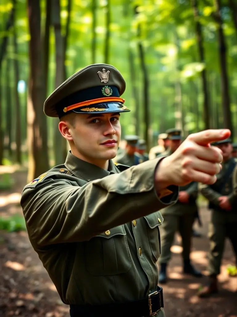 A portrait photo of a young Army officer in dress uniform, confidently leading a squad of soldiers during a training exercise in a forest environment. The officer is pointing towards a distant target, demonstrating leadership and strategic thinking.
