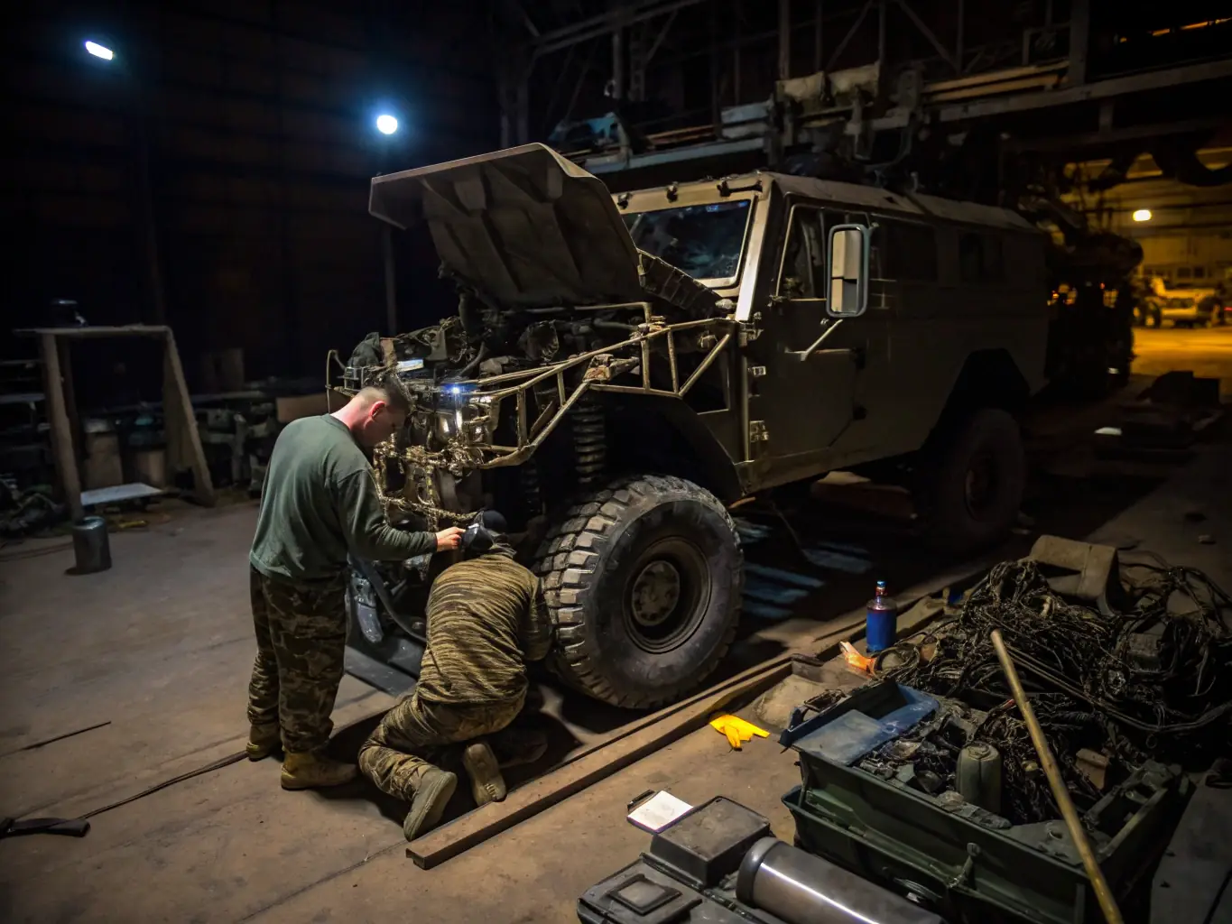 A Marine Corps mechanic working on the engine of a Humvee in a desert environment, showcasing the technical skills required for vehicle maintenance.