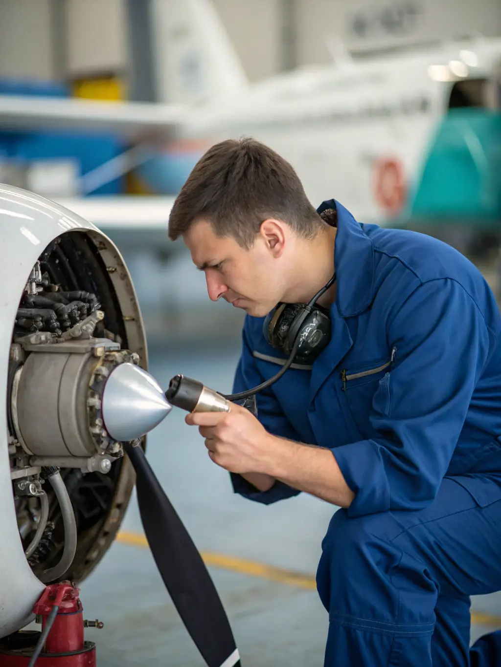 A detailed image of an Air Force aircraft maintenance technician inspecting the engine of a fighter jet on a busy flight line, with various tools and equipment visible.