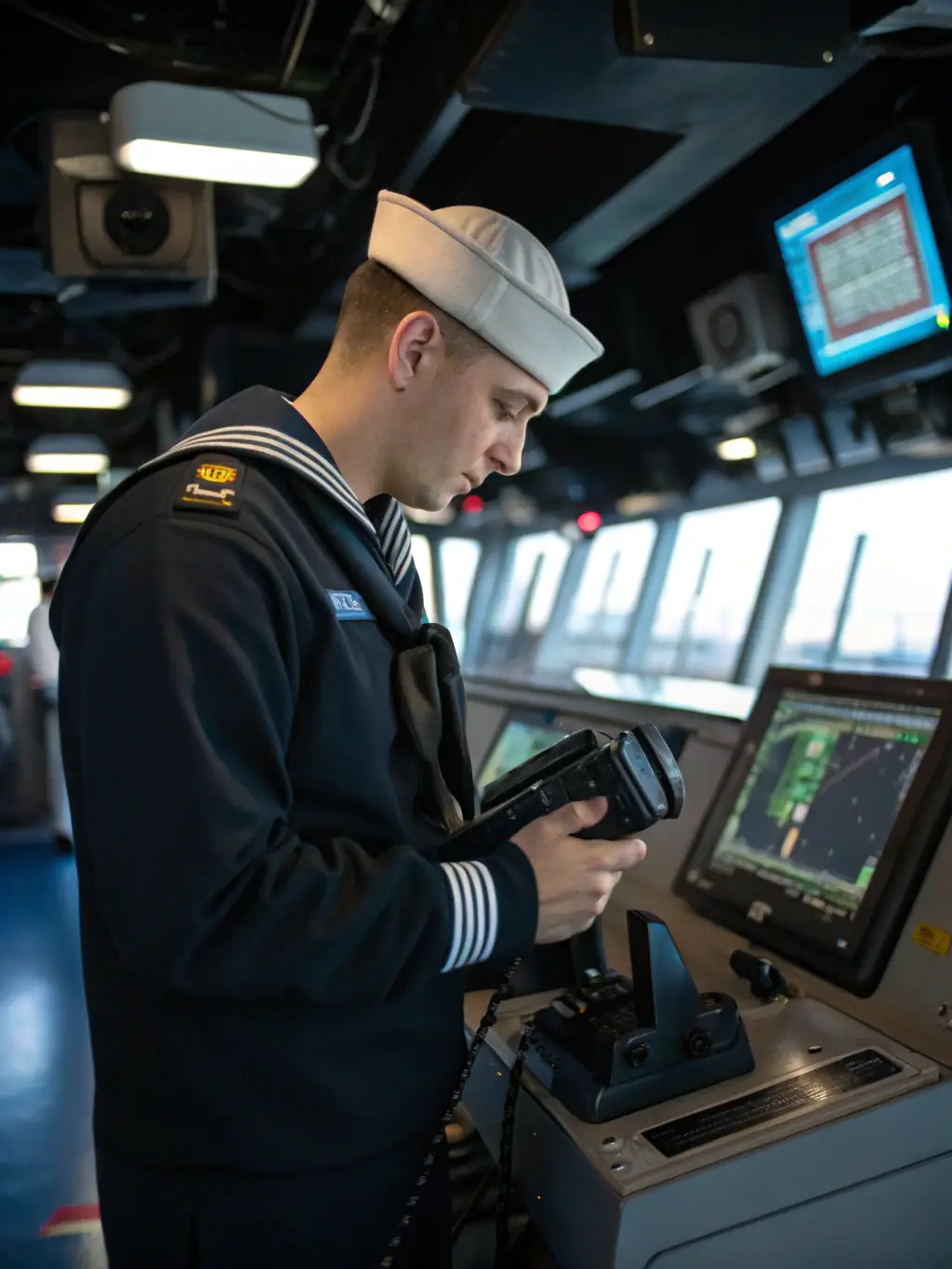 A photograph of a Navy Sonar Technician operating advanced sonar equipment on a submarine, focused on detecting underwater threats, emphasizing the critical role of technology in naval operations.