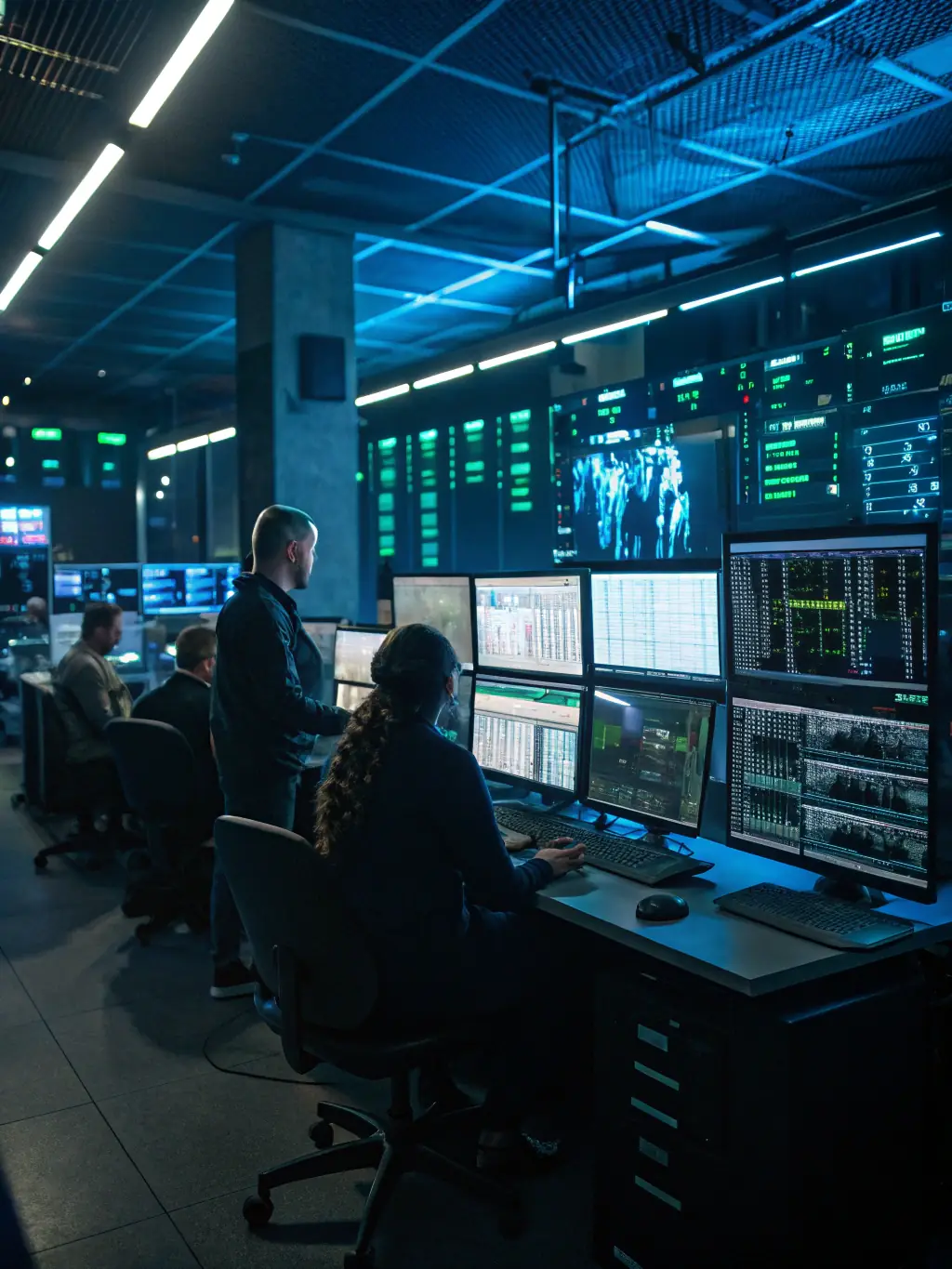 A high-resolution photograph of an Air Force cyber operations specialist working at a computer terminal, surrounded by multiple monitors displaying complex code and network diagrams, in a secure operations center.