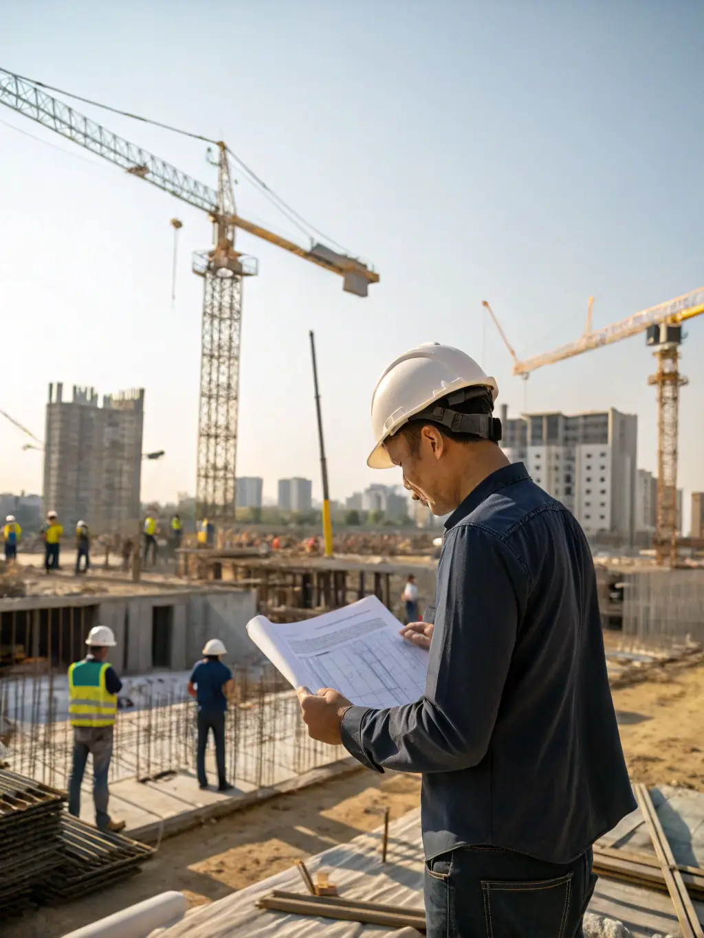 A close-up shot of an Army engineer officer inspecting a bridge construction site, wearing a hard hat and safety vest. He is holding a blueprint and discussing the project with a team of construction workers, highlighting his role in infrastructure development.