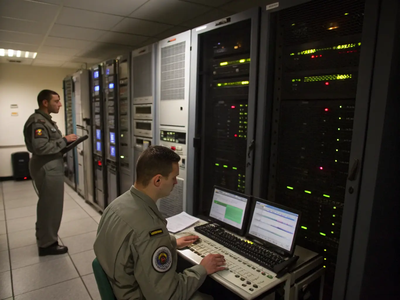 A group of Marines working on advanced communication equipment in a high-tech command center. The image highlights the technical aspects of certain MOSs.