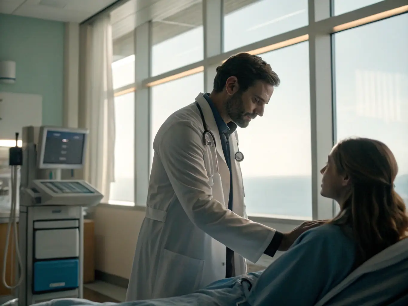 A photograph of a Navy Medical Corps officer examining a patient in a modern naval hospital. The officer should be wearing a white coat and stethoscope, and the setting should be clean and professional.
