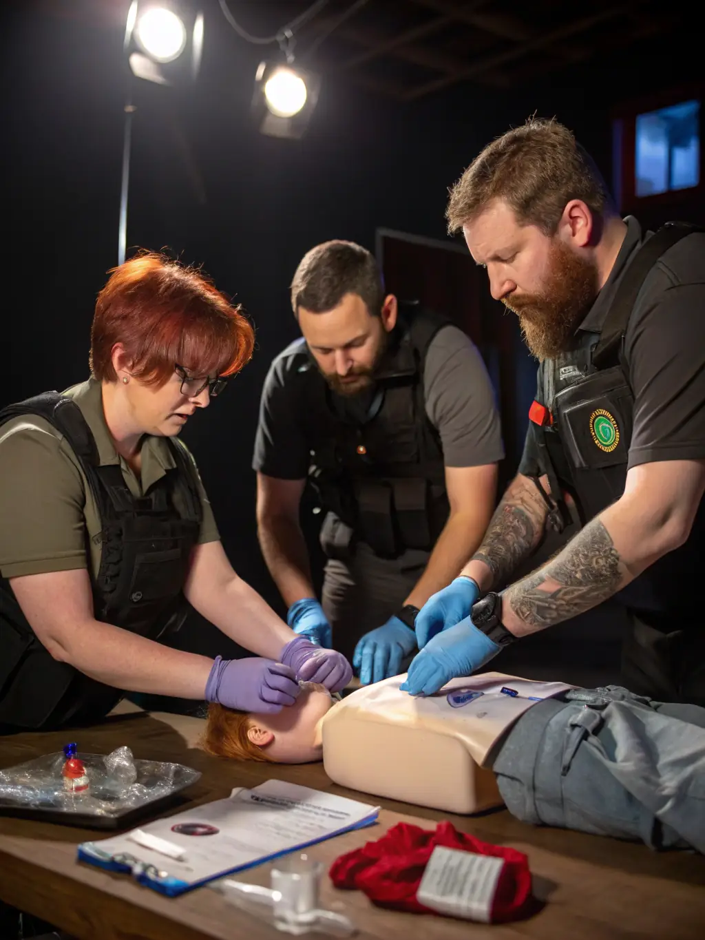 A photograph of a Navy Corpsman providing medical assistance to a simulated casualty during a field exercise, highlighting their role in providing healthcare in operational settings.