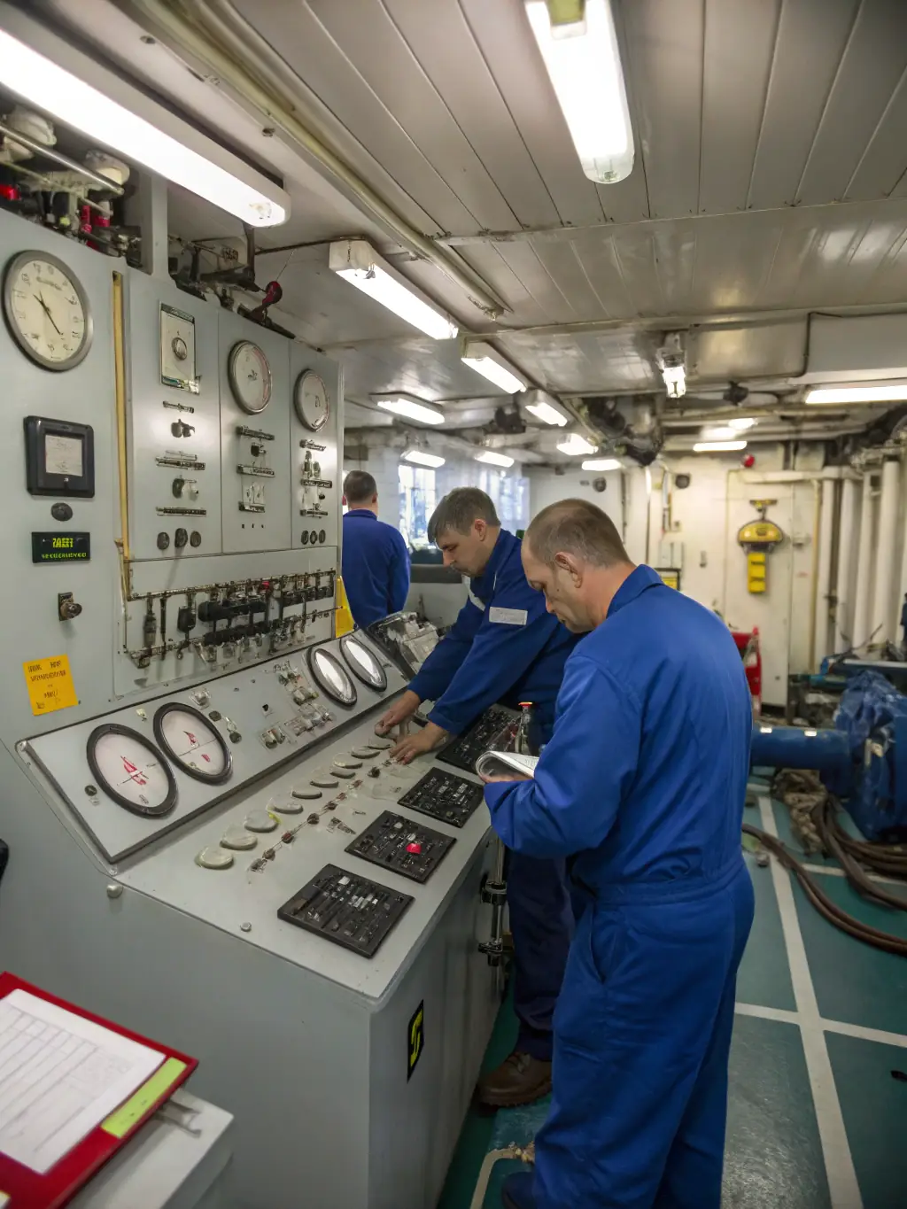 A Coast Guard engineer inspecting machinery in the engine room of a cutter. The environment is technical and focused.