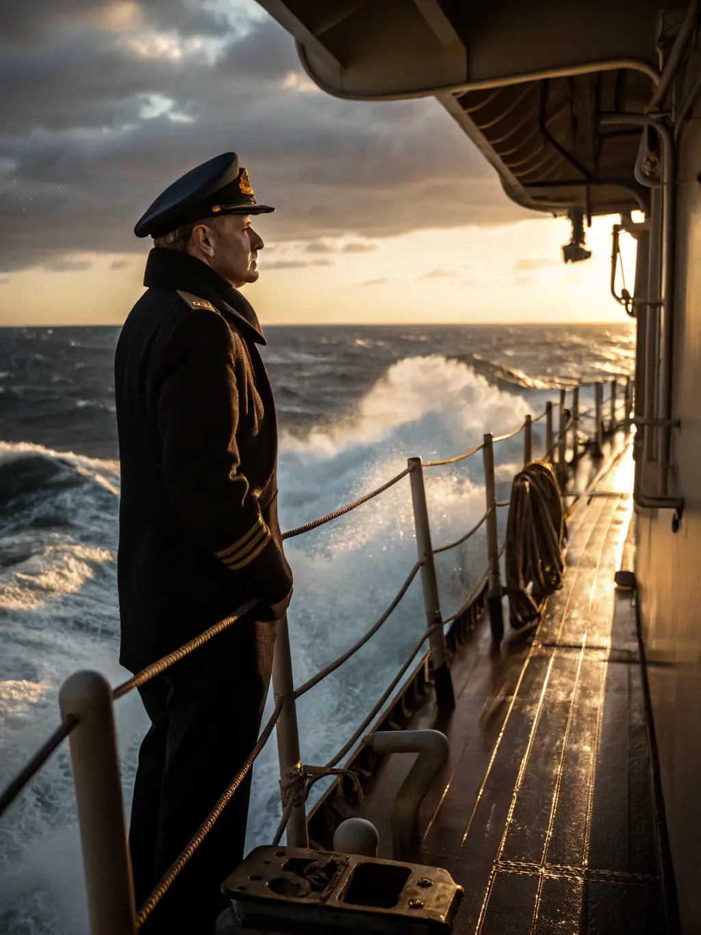 A Coast Guard officer standing on the bridge of a ship, looking through binoculars, with the open ocean in the background. The officer is in full uniform, exuding confidence and leadership.