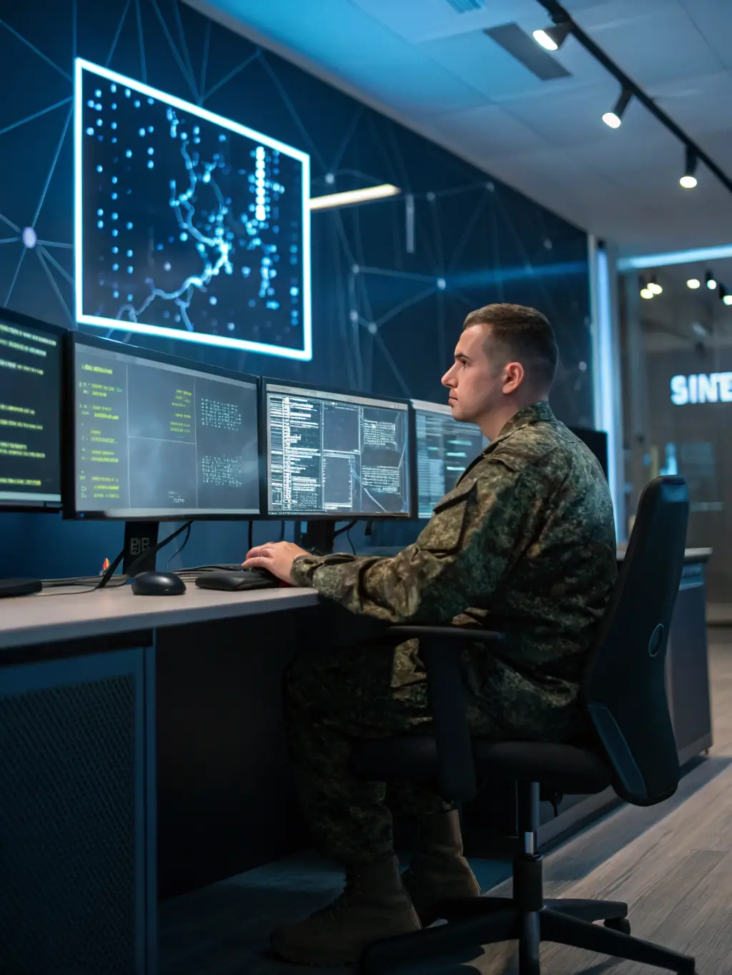 A professional shot of an Air Force intelligence analyst reviewing satellite imagery and intelligence reports in a secure briefing room, highlighting their critical role in national security.