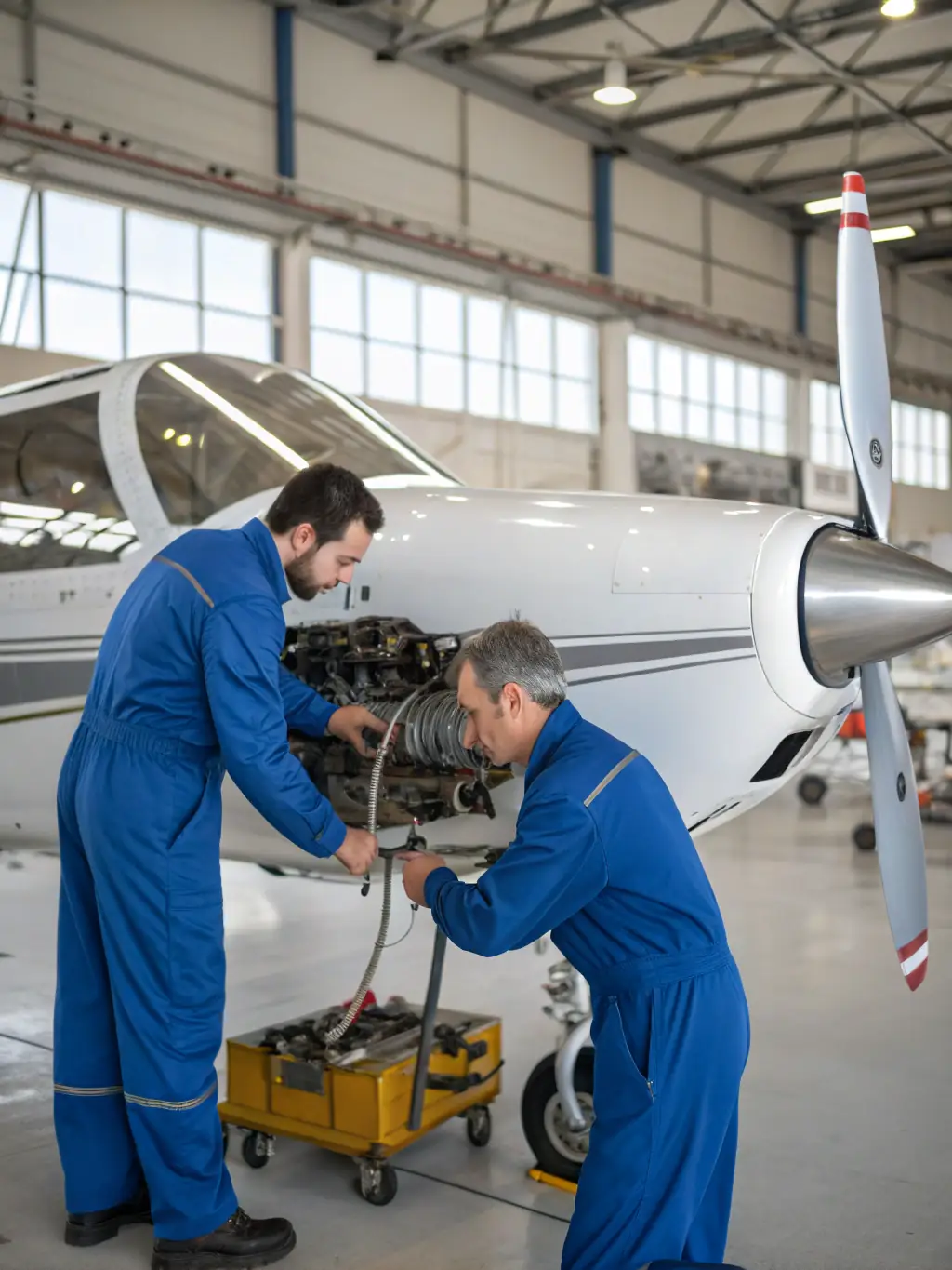 A Coast Guard Aviation Maintenance Technician (AMT) working on the engine of a Coast Guard helicopter, with tools and manuals nearby.