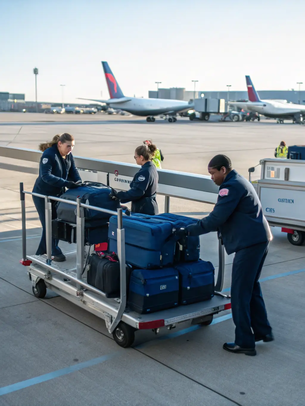 A medium shot of an Air Force logistics officer overseeing the loading of supplies onto a transport aircraft, with cargo containers and ground crew visible in the background.