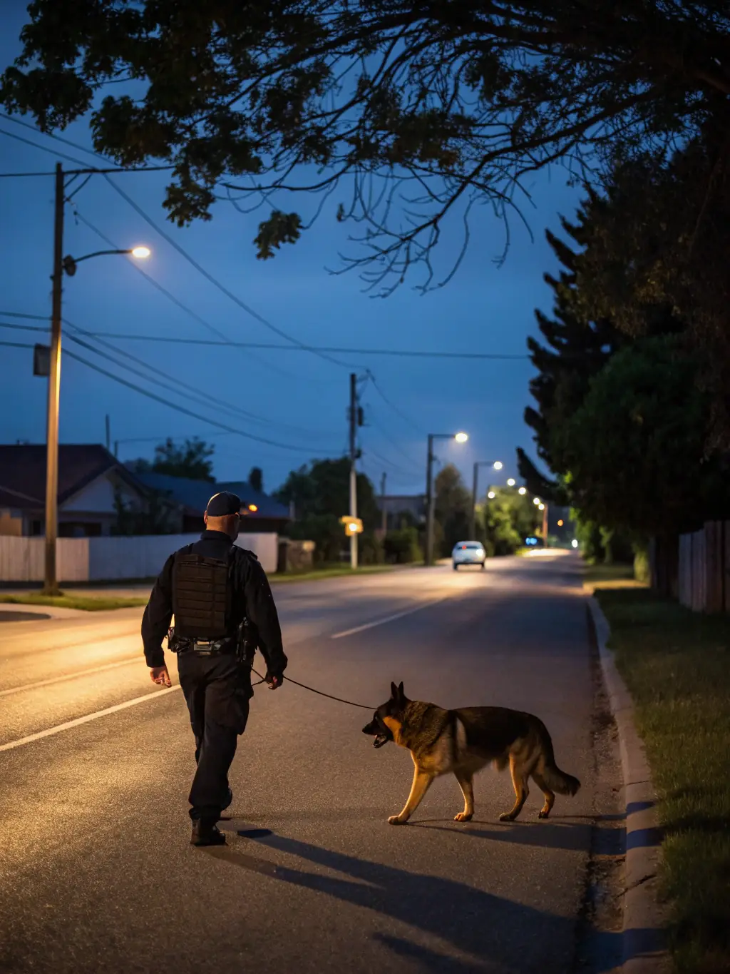 A clear photo of an Air Force security forces member patrolling a military base perimeter with a trained military working dog, emphasizing vigilance and security.