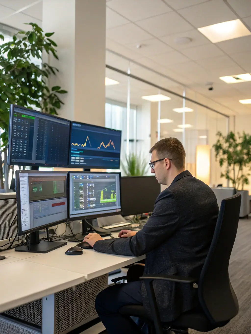 A close-up shot of an Air Force intelligence officer analyzing data on multiple computer screens in a secure operations center, with maps and intelligence reports visible.