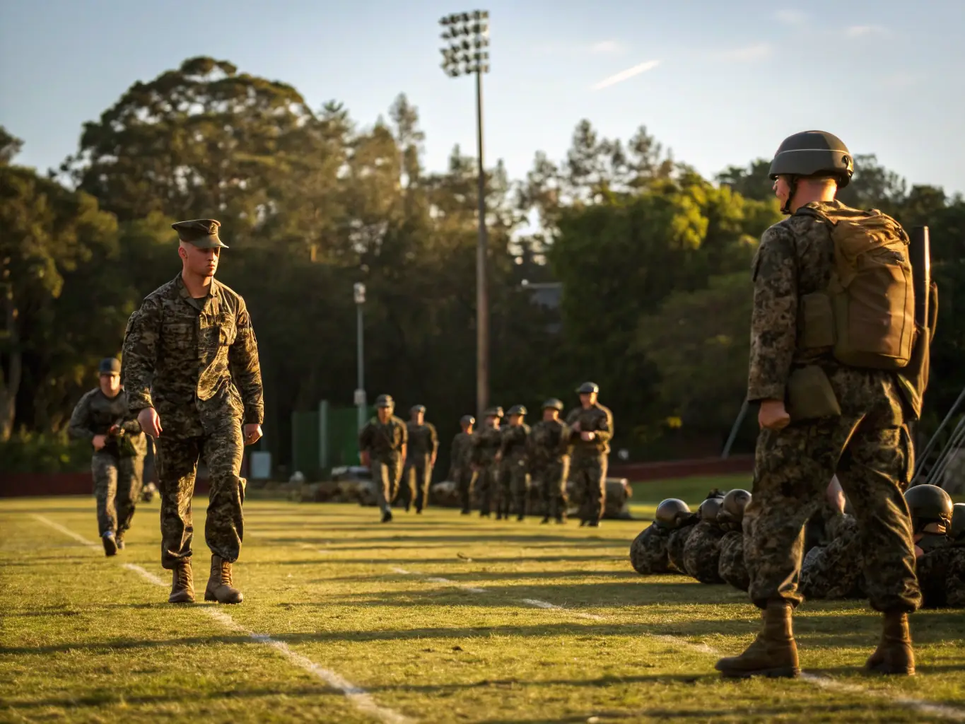 A Marine Corps officer leading a squad of infantrymen through a dense jungle environment, showcasing the leadership and tactical skills required in ground combat specialties.