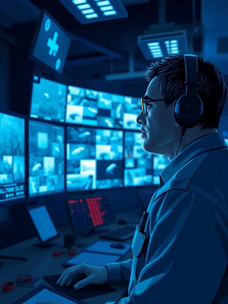 A Coast Guard officer working at a computer, analyzing data related to cyber security. The setting is a modern operations center.
