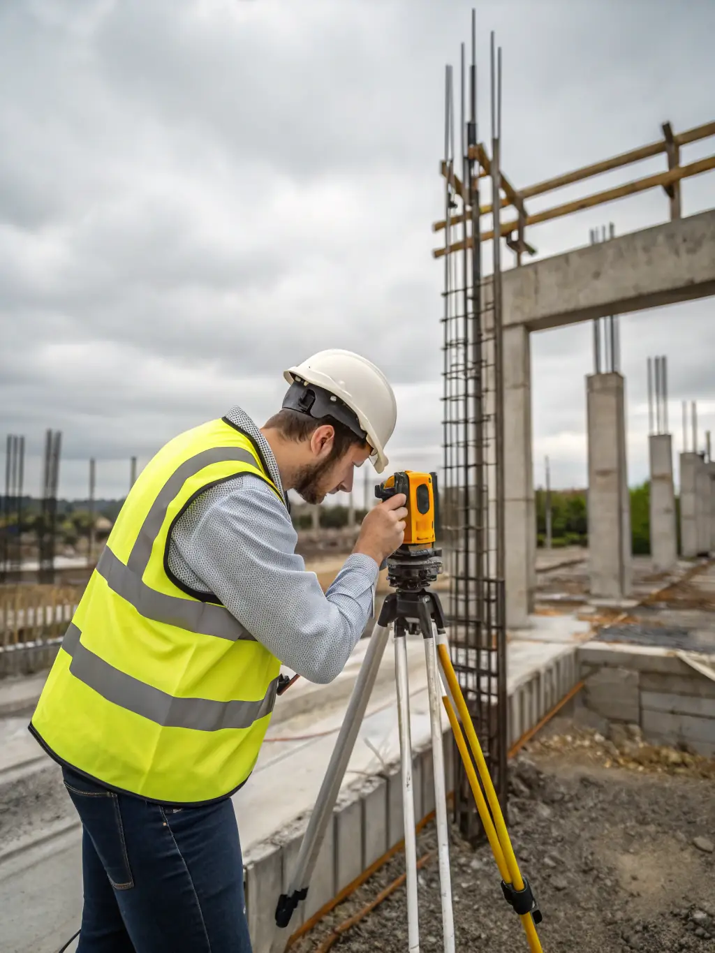 A wide shot of an Air Force civil engineer inspecting a runway construction site, wearing a hard hat and safety vest, with heavy machinery and construction workers in the background.