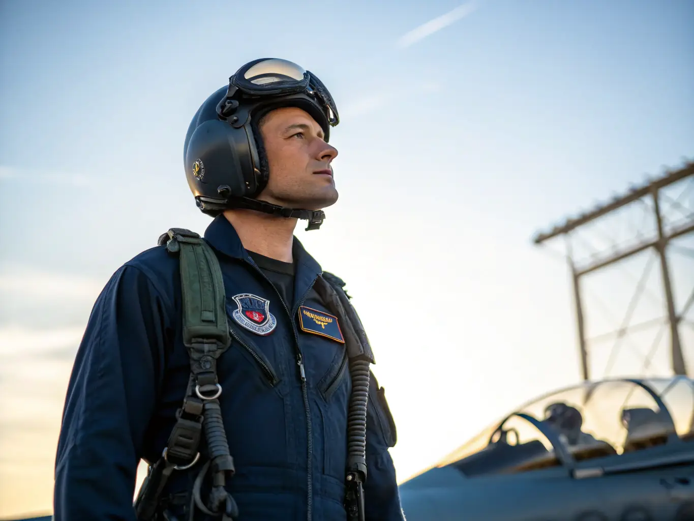 A photograph depicting a Naval Aviator in full flight gear, standing in front of a Navy fighter jet on the deck of an aircraft carrier. The image should convey a sense of adventure and technical expertise.