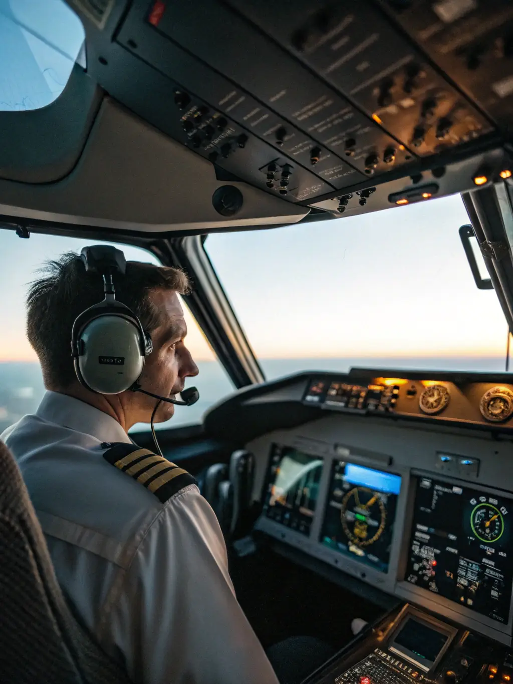 A medium shot of an Air Force pilot in the cockpit of a fighter jet, concentrating on the controls during a training exercise, with the sky and other aircraft visible in the background.