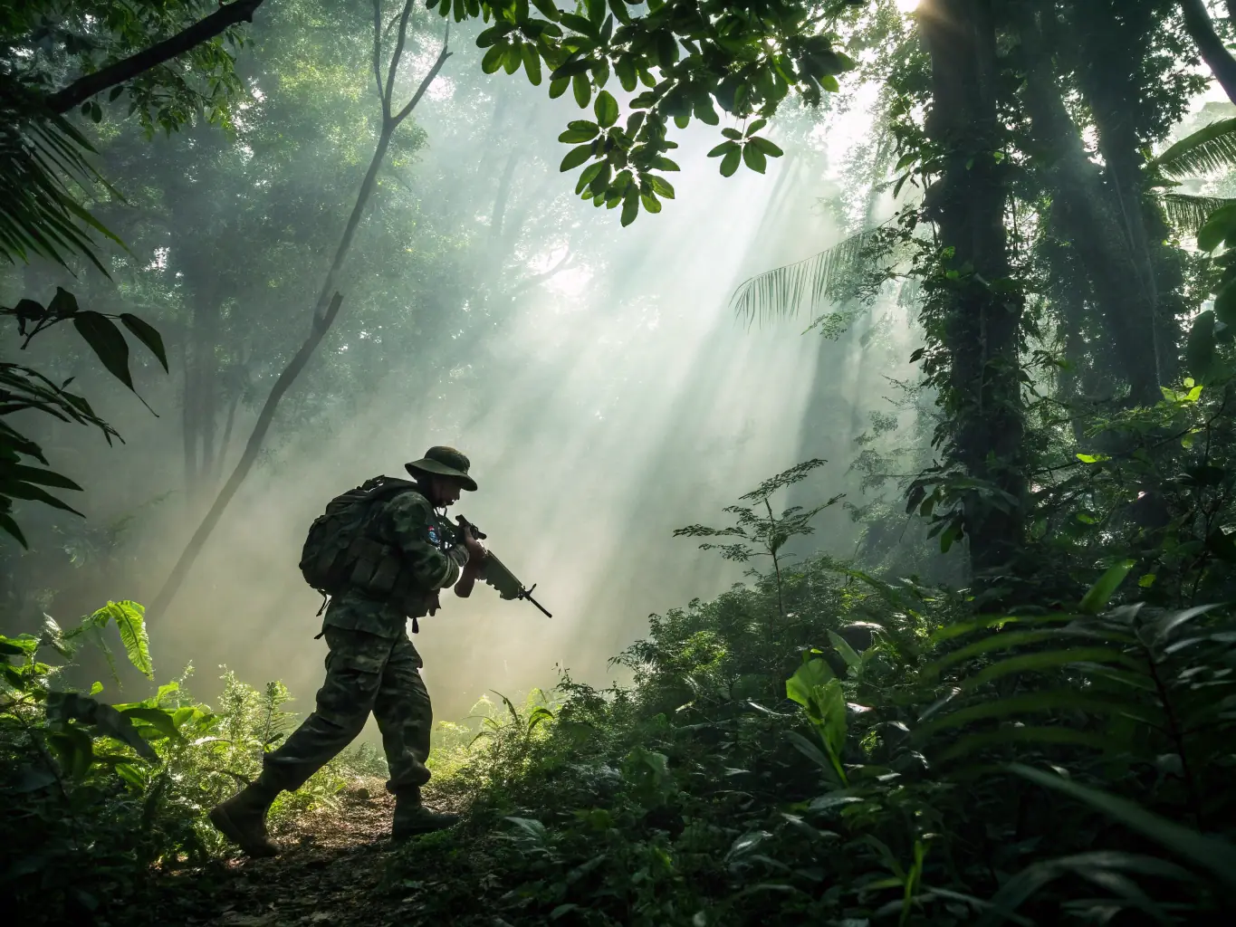A Marine Corps infantryman in full combat gear, participating in a training exercise in a woodland environment, demonstrating tactical movement and readiness.