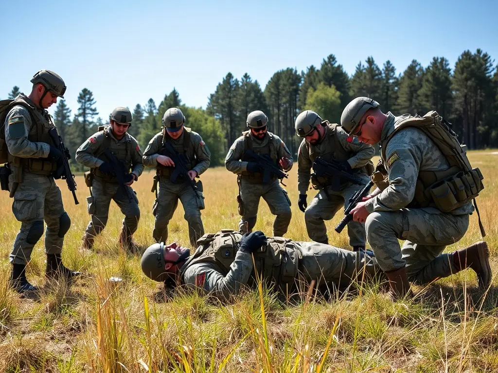 A combat medic providing immediate medical assistance to a wounded soldier during a training exercise.